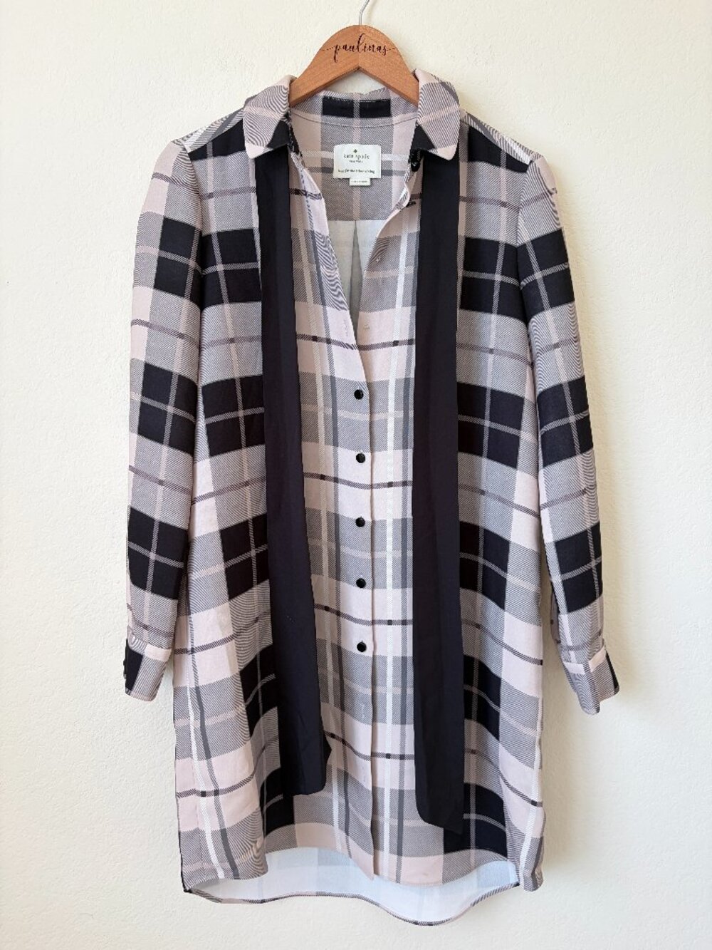 Kate Spade Plaid Shirt Dress Small Gray Black Tie Neck Button Front AS IS